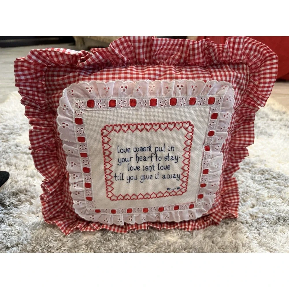 Vintage 1981 Cross Stitch Throw Pillow Red Gingham Ruffle Love Quote Accent